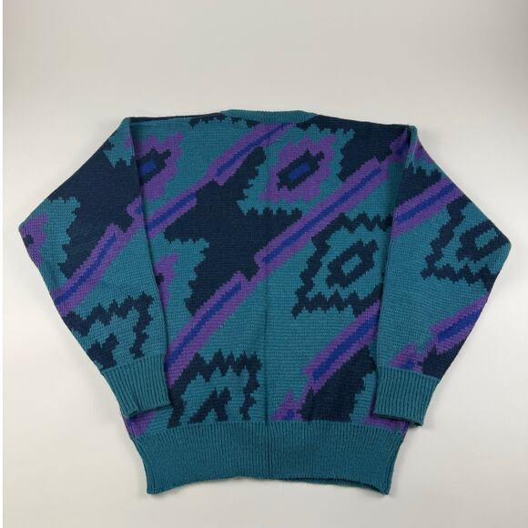 Vintage Abstract Blue Purple Retro 80s Acrylic Wool Blend Sweater Size Medium - Picture 4 of 6